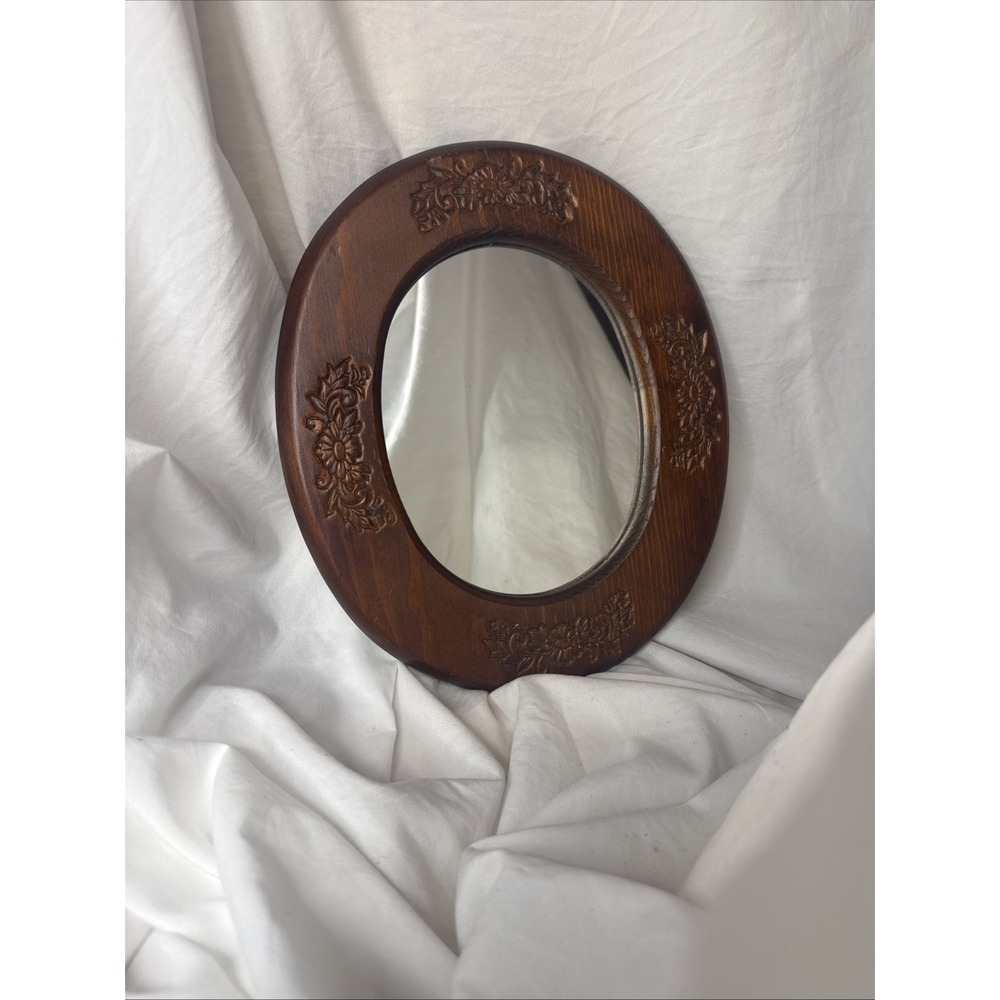 VINTAGE Oval Carved Flower Floral Oak Frame Mirror 12" Wall Decor Boho Cottage
